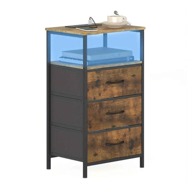 Bedside Table 3 Fabric Drawers &Wooden Tabletop, LED Nightstand With Charging Station And USB Por